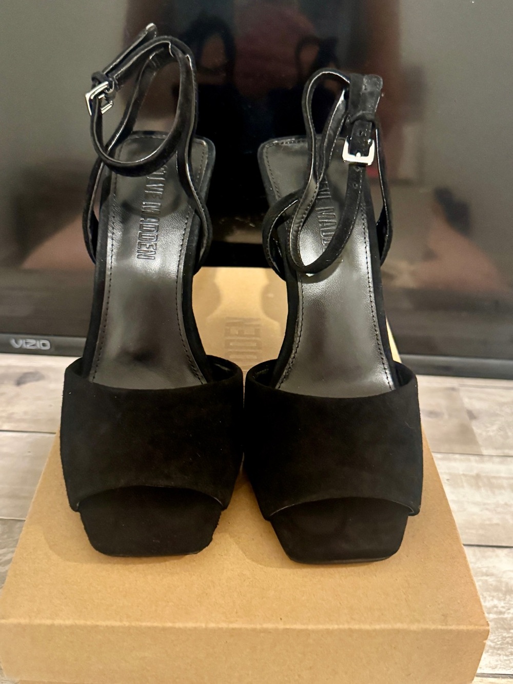 Steve Madden Black Suede Platform Ankle Strap Heels